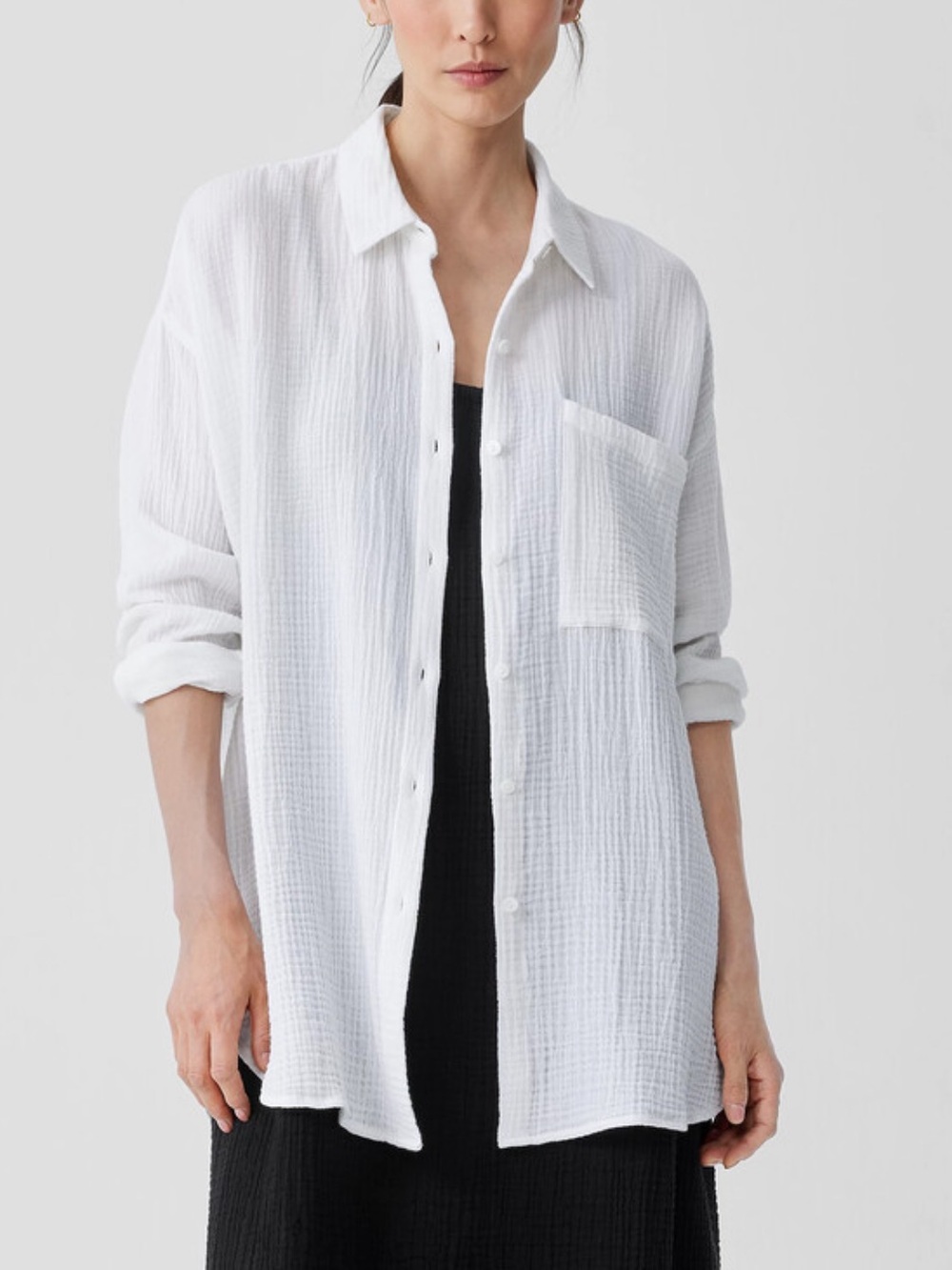 Eileen Fisher ivory white button down gauze shirt classic luxury summer layer